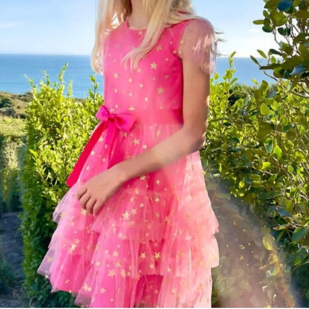 🎉HP🎉💖LONDON GOLD STAR DRESS HOT PINK BY HOLLY HASTIE PINK TULLE FRILL GLITTER - Picture 2 of 8